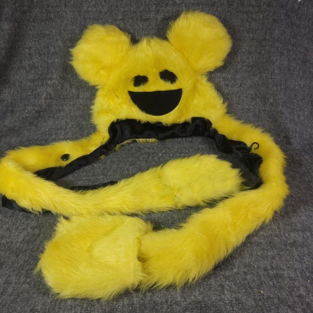 Deadmau5 DJ OFFICIAL Yellow Bear Head Snood Beanie Faux Fur Hat W/ Mittens Rave